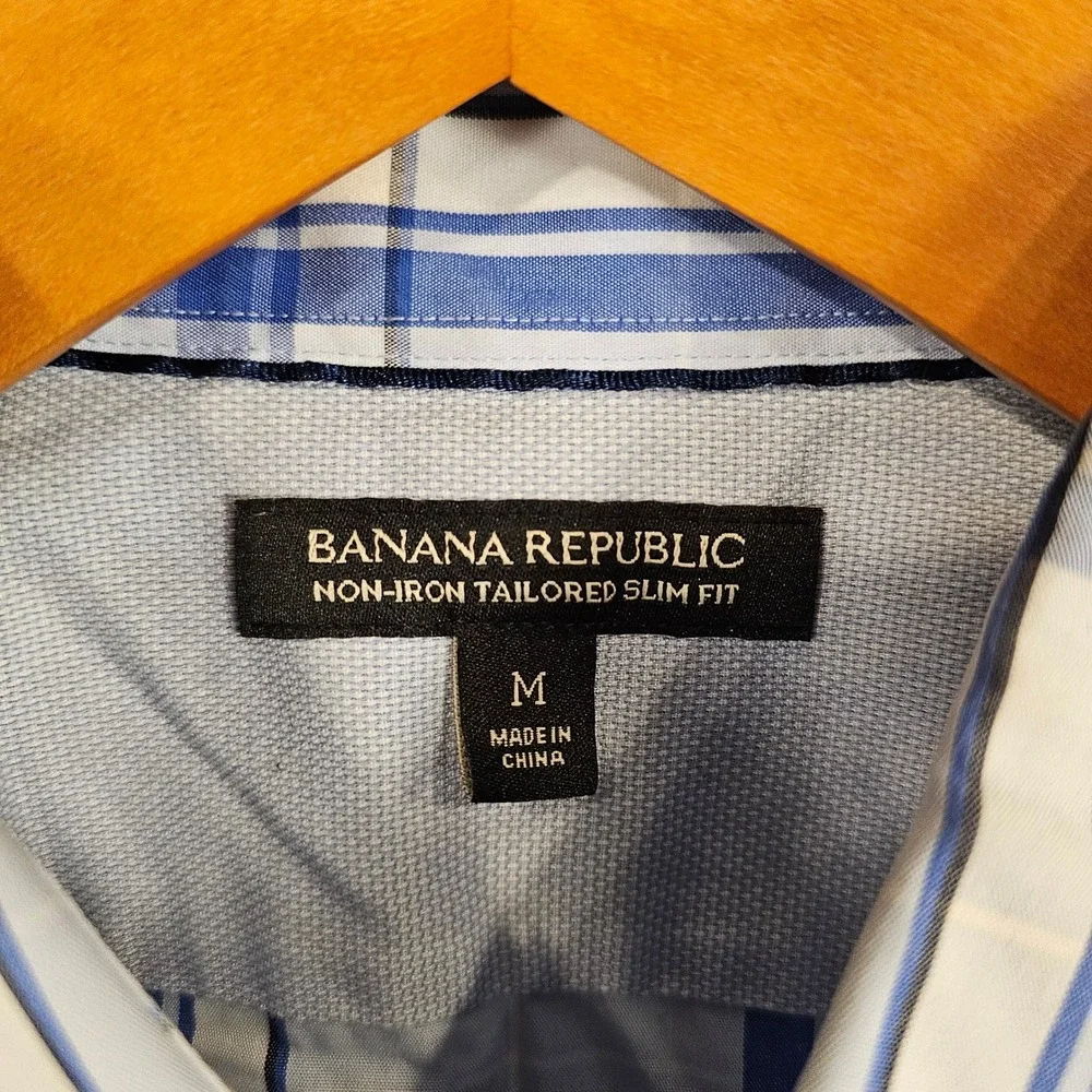 Banana Republic Mens M Non-Iron Tailored‎ Slim Fit Plaid Button Down Shirt Blue